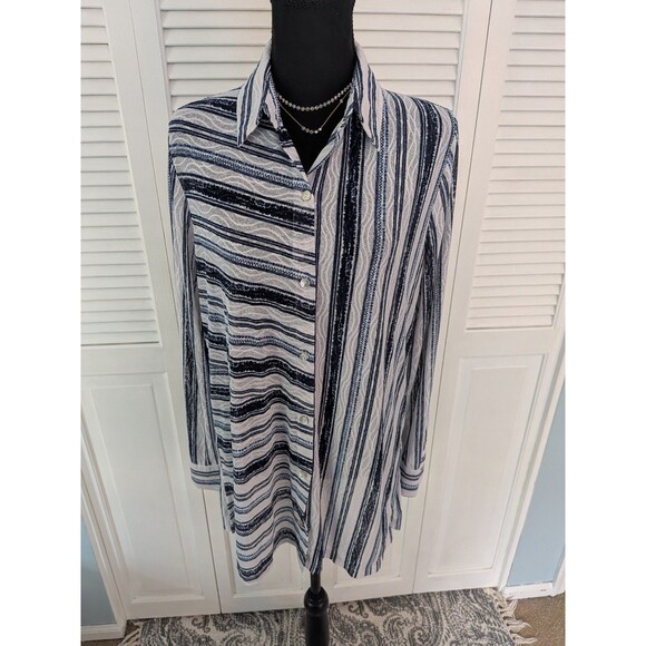 Chicos Travelers Top Womens L/2 Blue Sheer Mesh Button Up Stripe Shirt Coverup - Picture 1 of 13